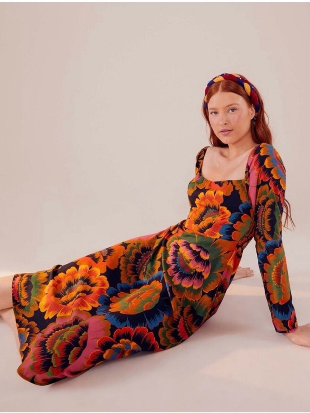 FARM Rio Floral Midi Dress in Black with Orange, Green & Blue Blooms